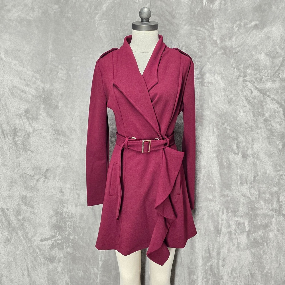 Agaci Womens‎ M Burgundy Ruffle Belted Trench Style Jacket Stretchy Career Chic